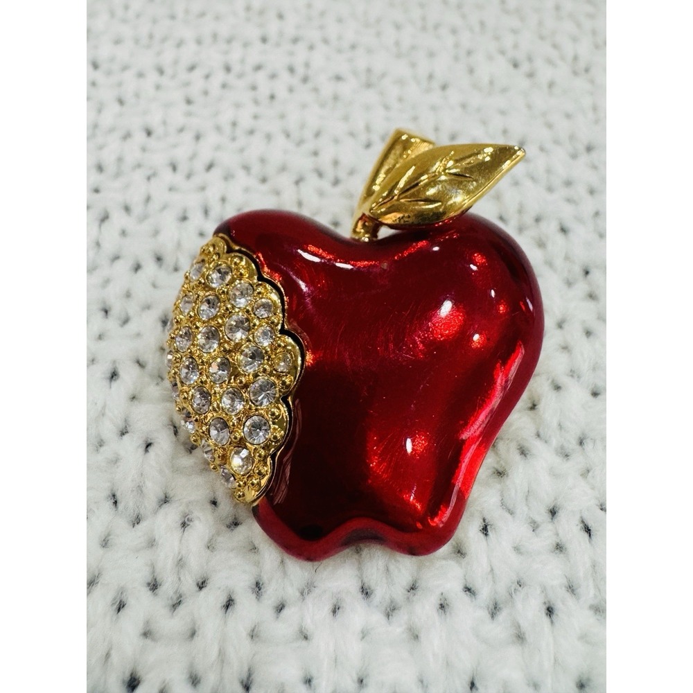 Napier Red Apple Brooch Pin Gold Tone Rhinestone Enamel Signed